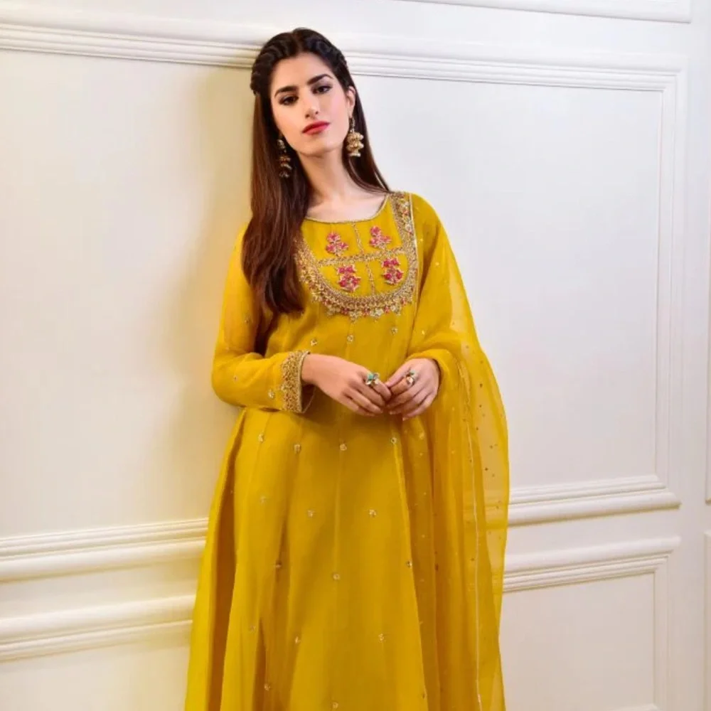 Chic Mustard Long Sleeve Dress with Embroidery - Picture 1 of 4